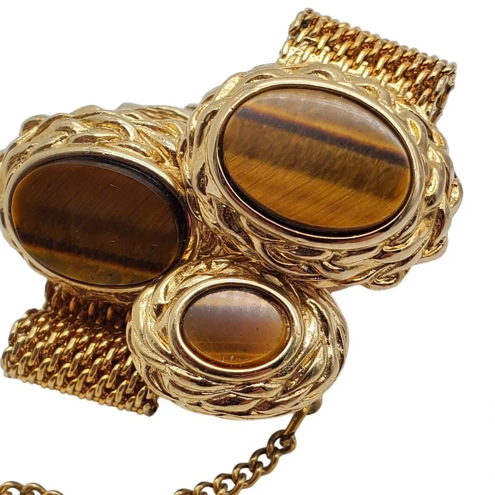 Tigers Eye Cufflinks Tie Tack Pin Gold Mesh Wrap Around Band Brown Stone Vintage